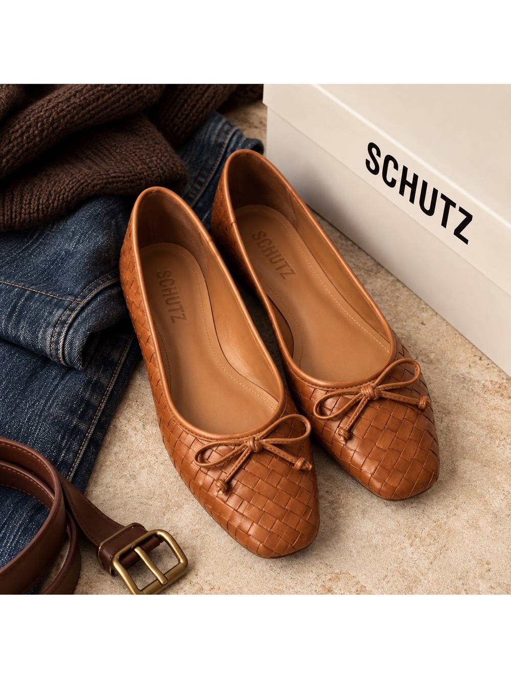 Schutz Arissa Woven Leather Ballet Flats Miele Brown 8.5 NIB